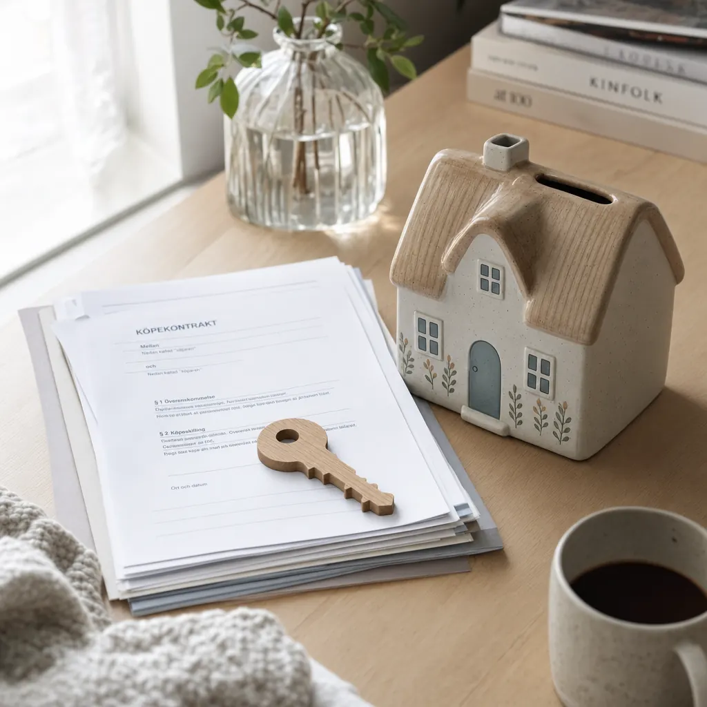 Skrivbord med en offert från en villaförsäkring, kalkylator och kaffekopp – jämförelse av premie och självrisk