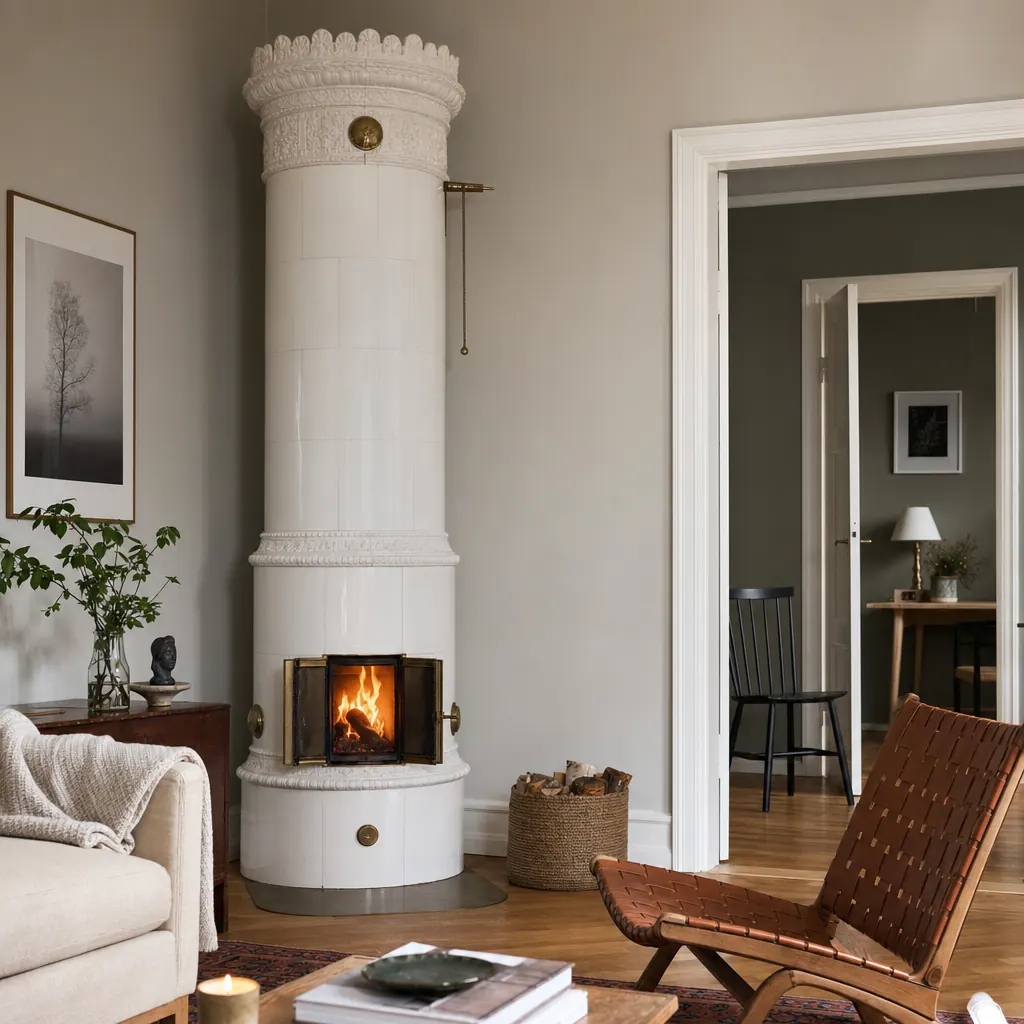 Kaminbrand i öppen spis i en svensk villa, exempel på risk som omfattas av brandmomentet i villaförsäkringen