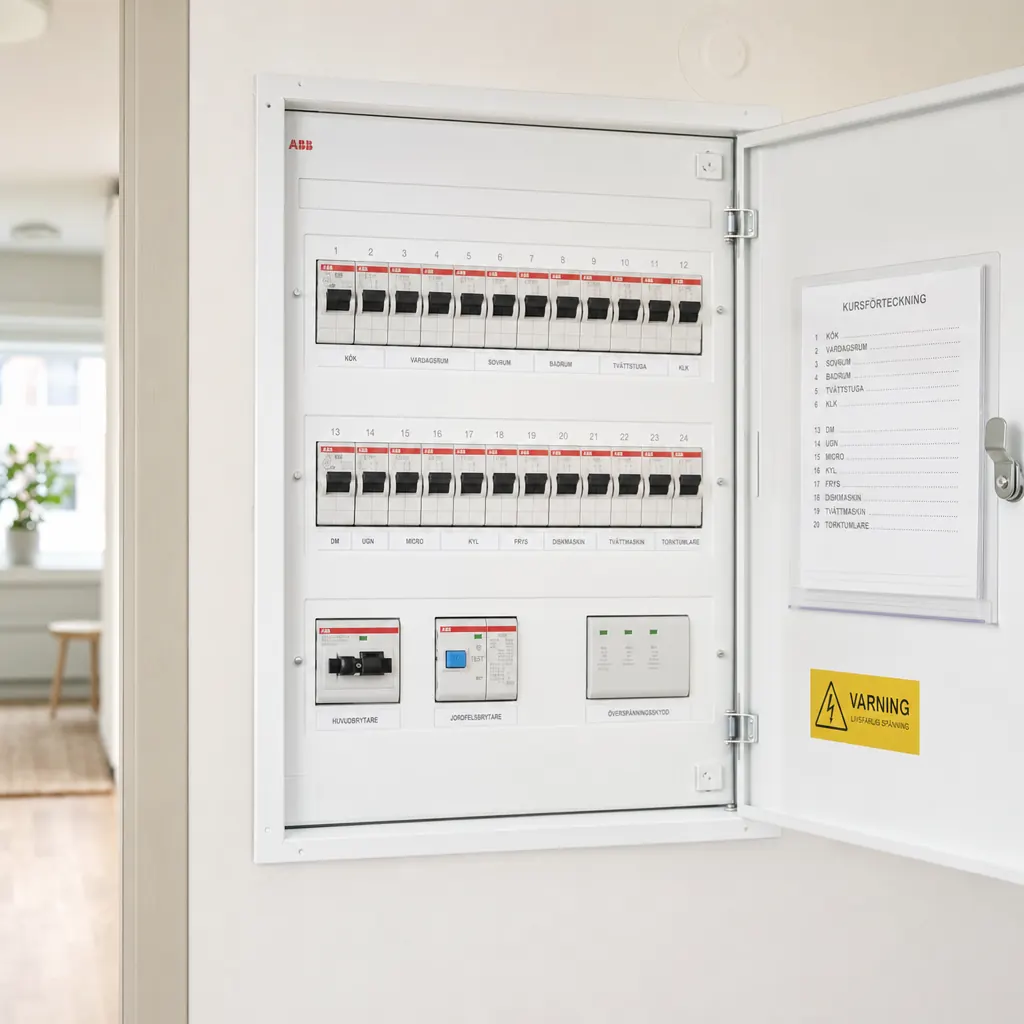 Behörig elektriker arbetar med elcentral i svensk villa — exempel på fackmässig installation som villaförsäkringen kräver