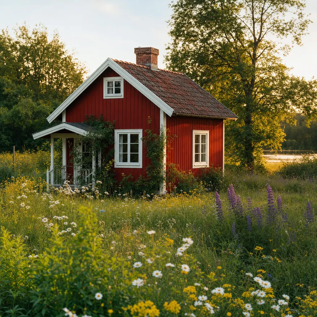 Röd svensk sommarstuga vid skogsbryn — exempel på fritidsbostad med säsongsanvändning
