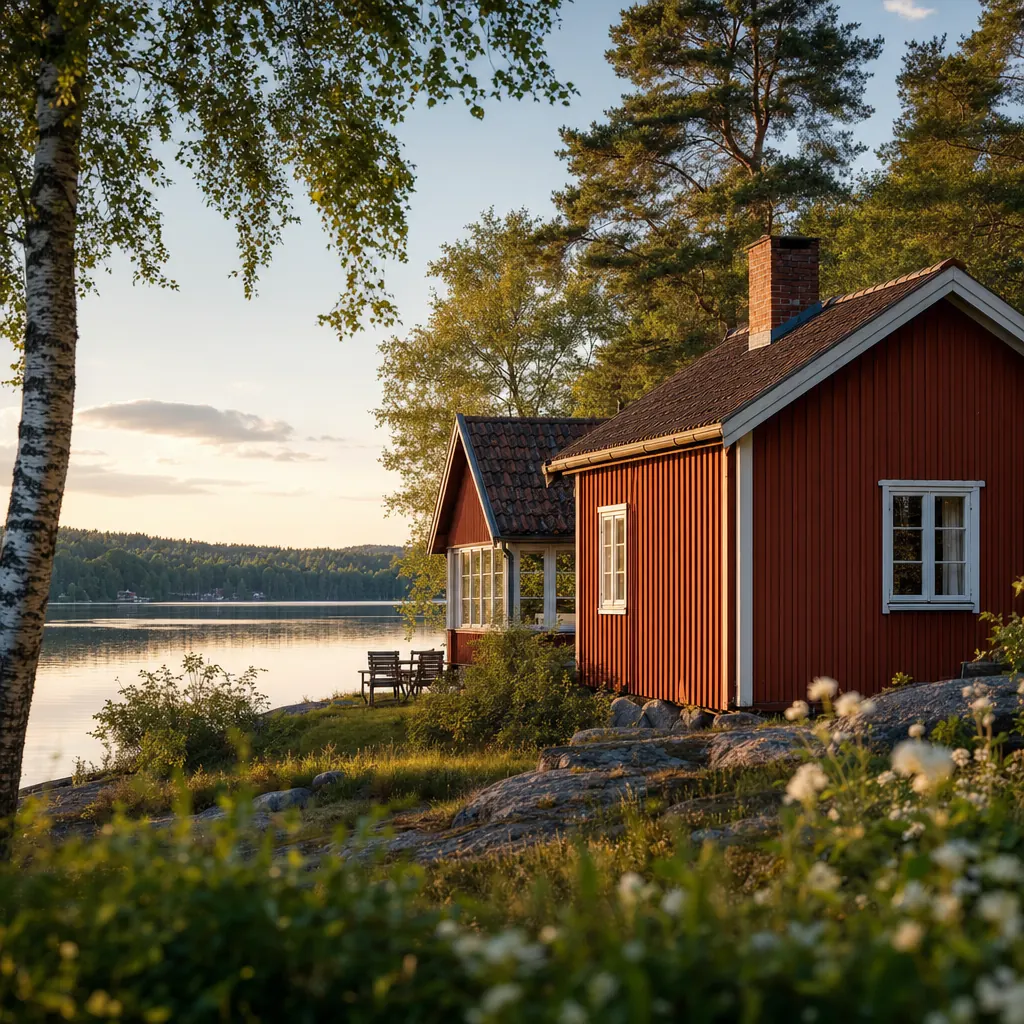 Snötäckt fritidshus i svensk skog vintertid — exempel på obebott hus där tillsyn och uppvärmning krävs