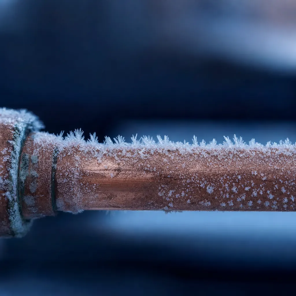 Frostspräckt kopparrör i kallvind — exempel på frysskada som villaförsäkringen kan ersätta vid uppfyllt aktsamhetskrav