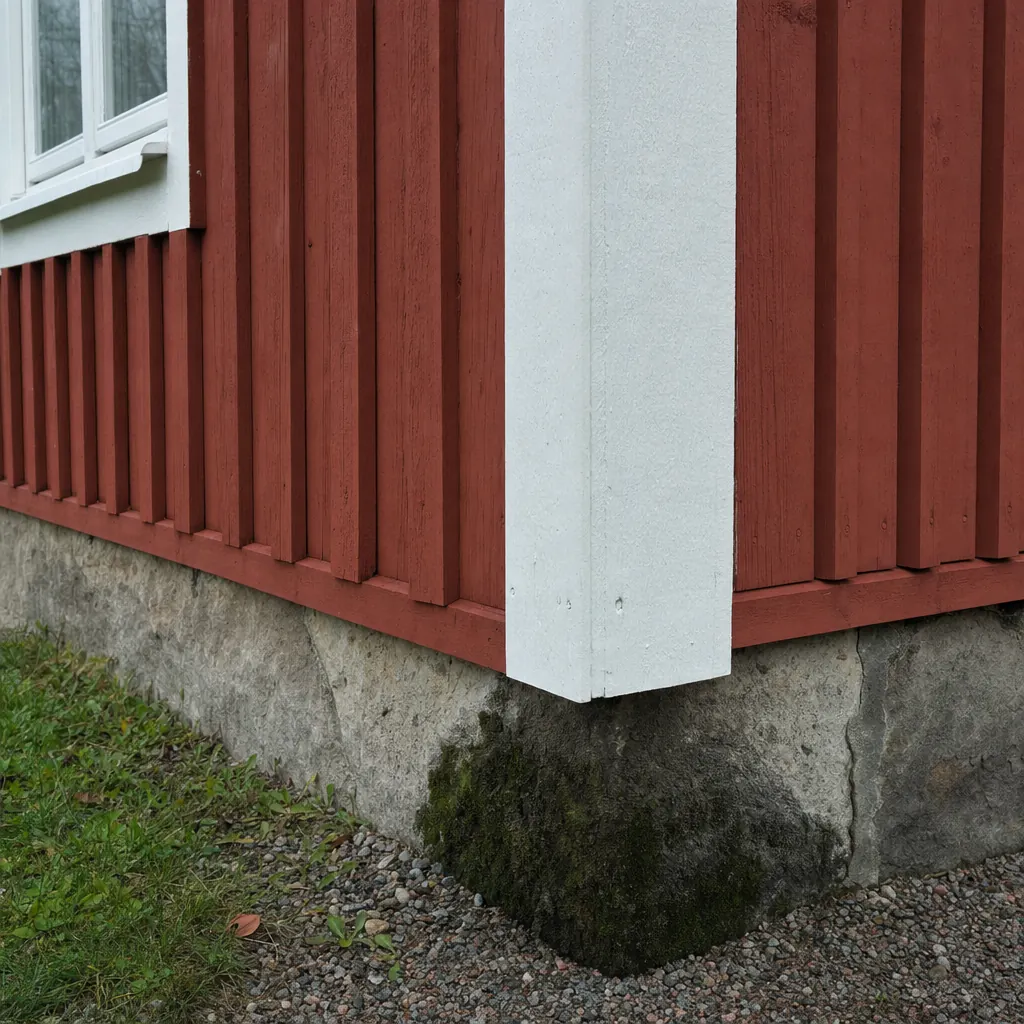Krypgrund i svensk villa med synlig fuktskada — exempel på riskkonstruktion där fukt byggs upp över tid