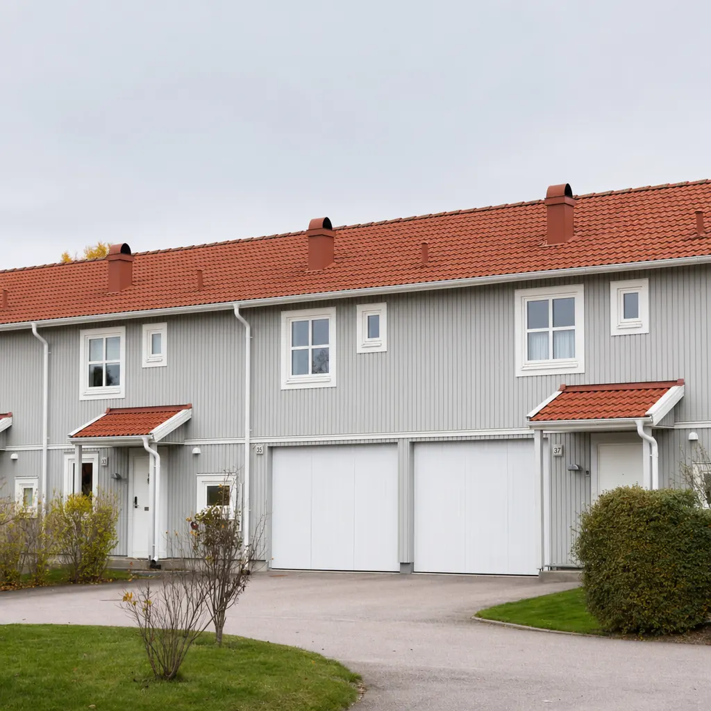 Kedjehus med carport som binder samman två fastigheter i ett 70-tals småhusområde — typisk konstruktion som villaförsäkringen klassar som småhus