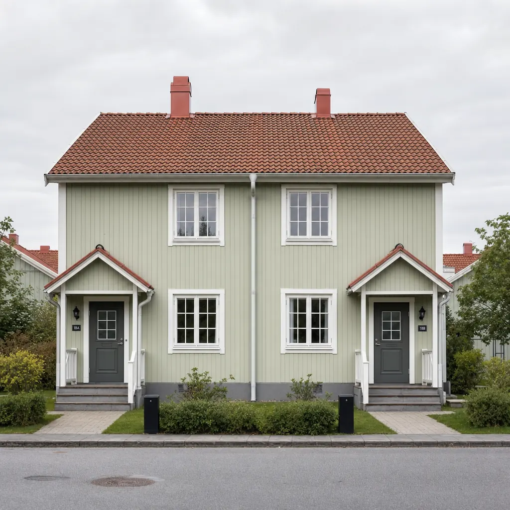 Parhus i vit panel med två separata ytterdörrar och delat sadeltak — exempel på sammanbyggd småhusenhet som tecknas som villaförsäkring