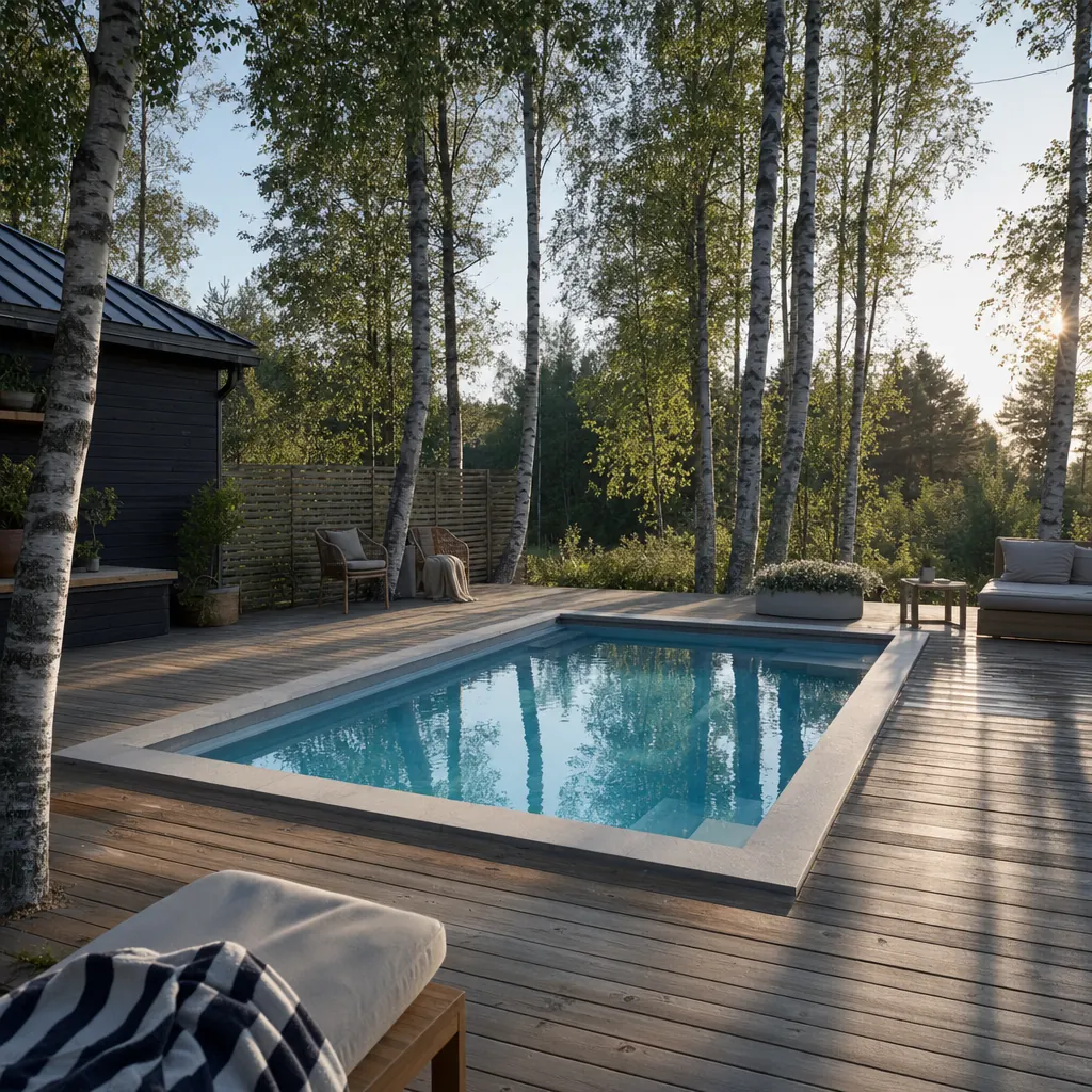 Nedgrävd betongpool med pumphus och staket på villatomt — exempel på tomtanläggning som ingår i villaförsäkringens byggnadsdel