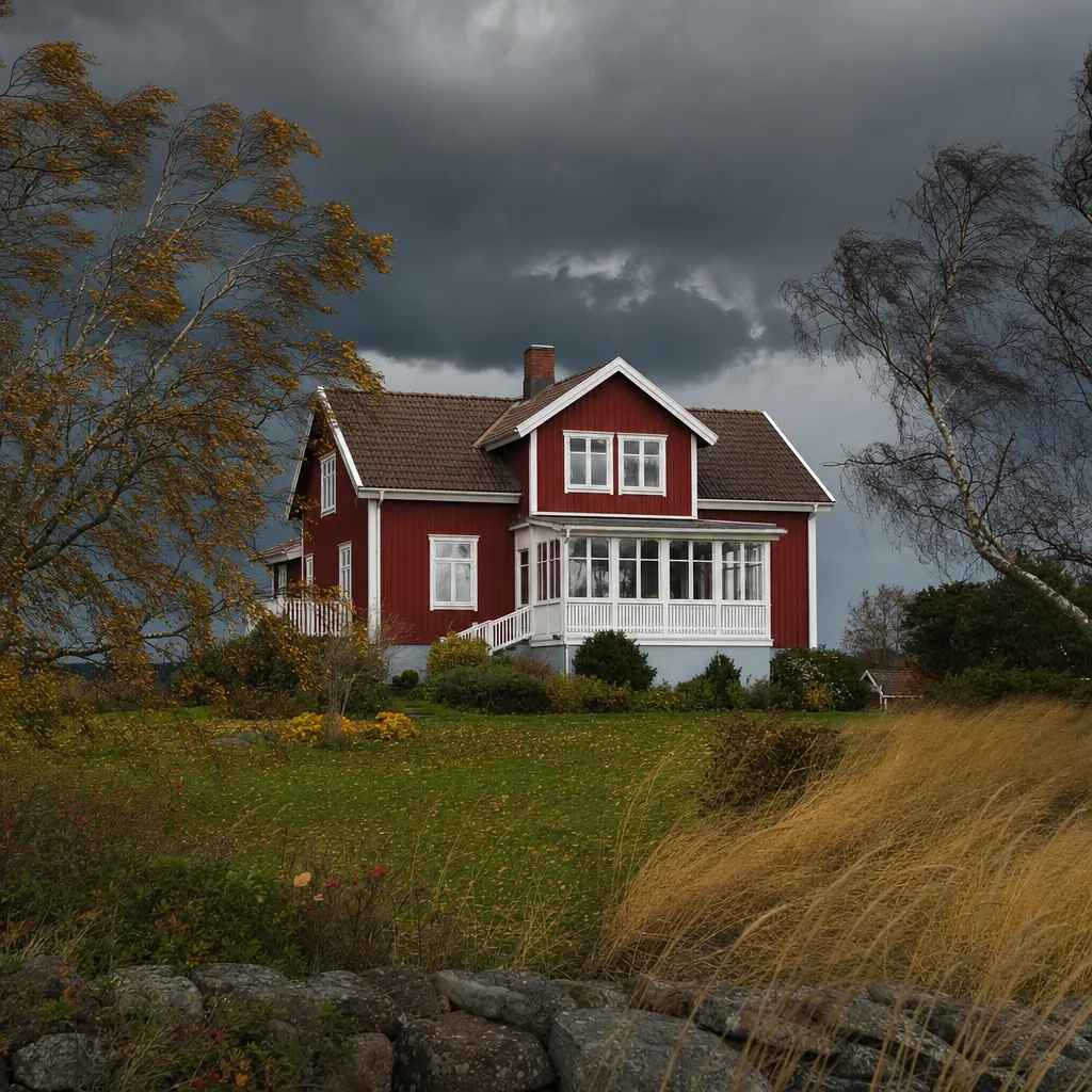Träd som fallit över villans tak efter höststorm — typfall där stormmomentet i villaförsäkringen aktiveras