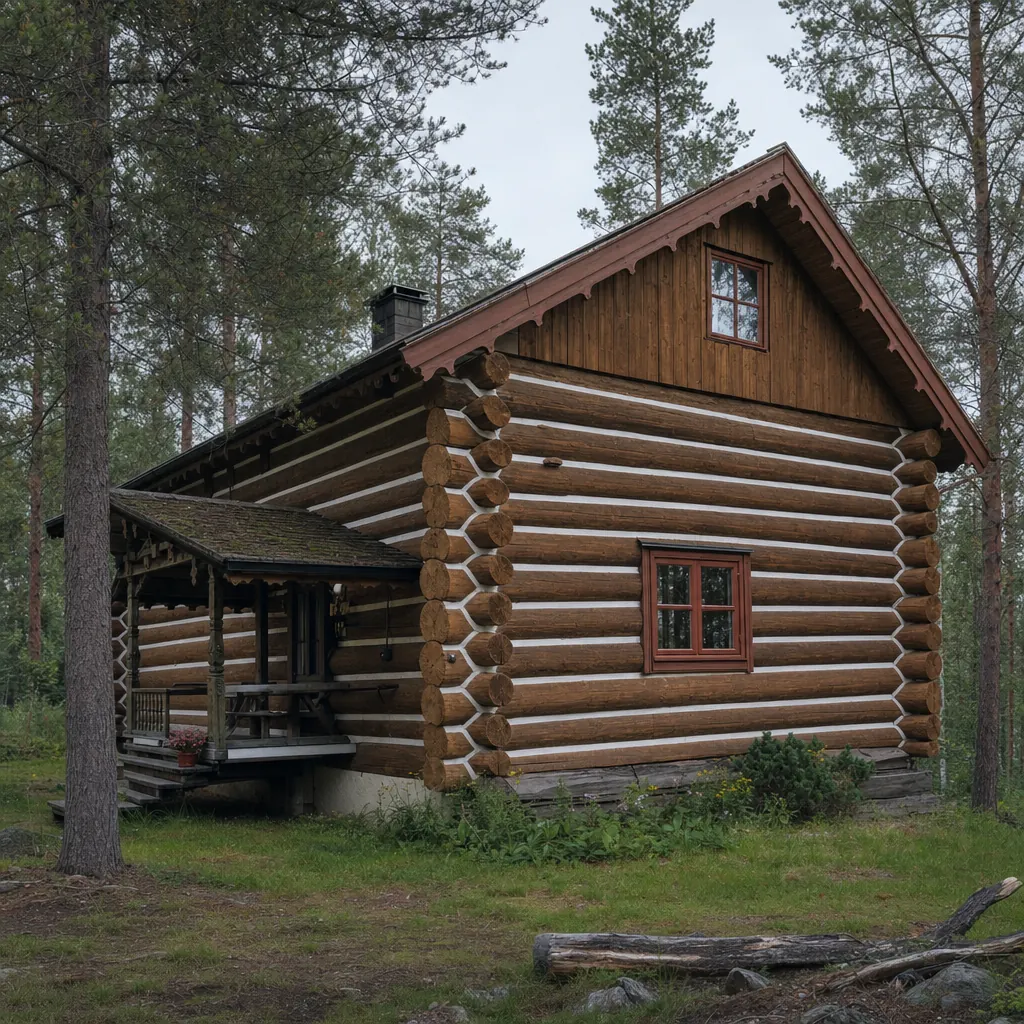 Svenskt timmerhus med liggande stockstomme och knutade hörn — exempel på timrad villa som försäkras till återanskaffningsvärde