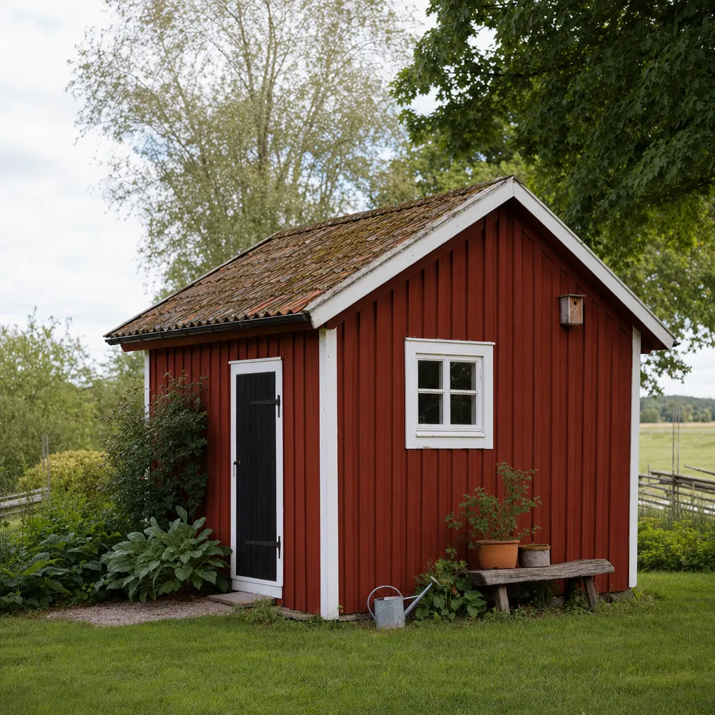 Röd redskapsbod och vedförråd på svensk villatomt — exempel på komplementbyggnader som ingår i villaförsäkringen