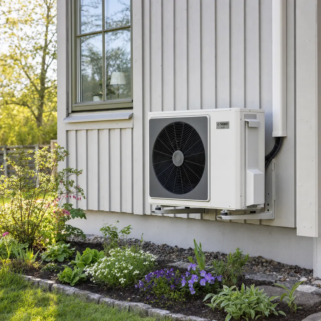 Bergvärmepump i pannrum med rör och styrenhet — exempel på installation som ingår i villaförsäkringens byggnadsskydd