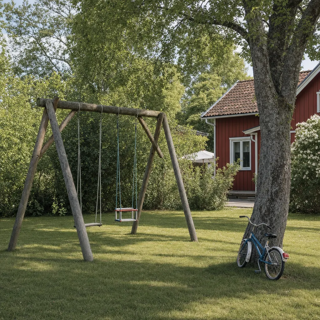 Barnfamilj med cyklar och sportutrustning vid svenskt villahus — exempel på lösöre i barnfamiljens villaförsäkring