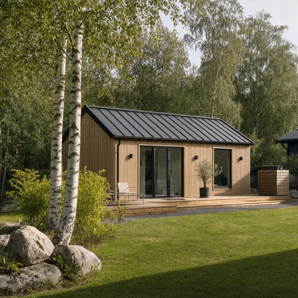 Svensk villa med friggebod på tomten — exempel på komplementbyggnad som omfattas av villaförsäkring