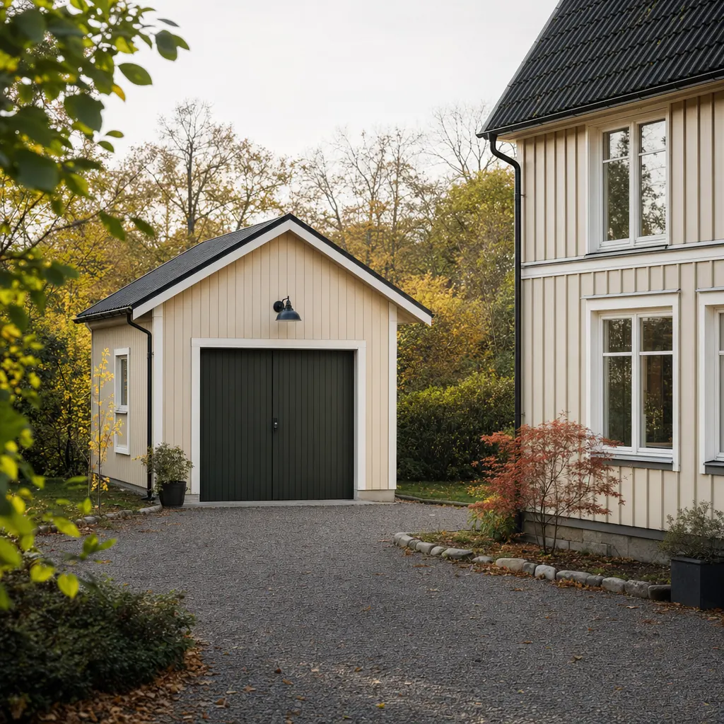 Friliggande garage och carport vid svensk villa — exempel på komplementbyggnader som omfattas av villaförsäkring