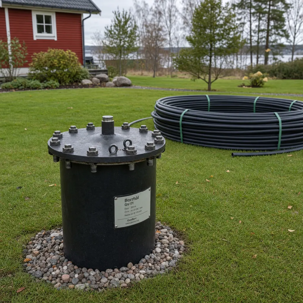 Bergvärmepump och borrhål vid svensk villa — exempel på installation som omfattas av villaförsäkring