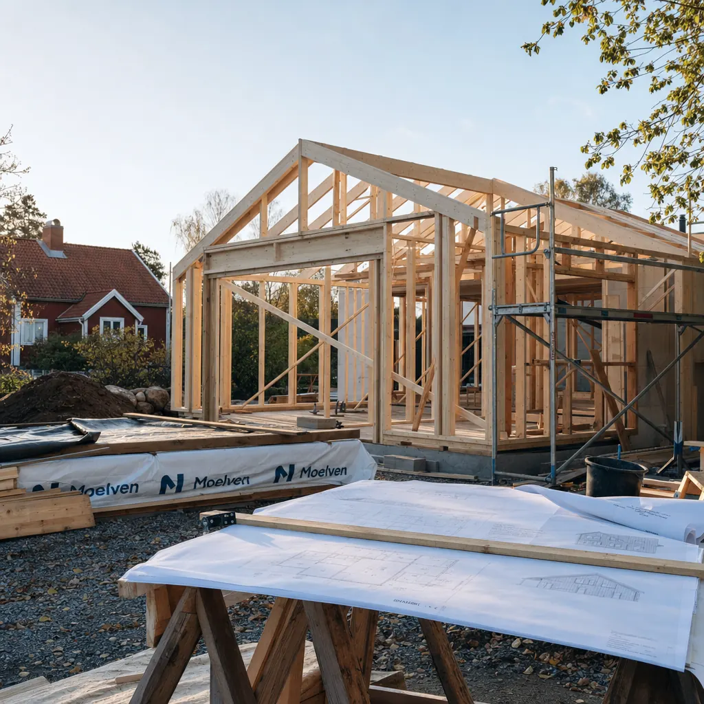 Nybyggd svensk villa under uppförande — exempel på fastighet som omfattas av entreprenadförsäkring innan villaförsäkringen tar vid