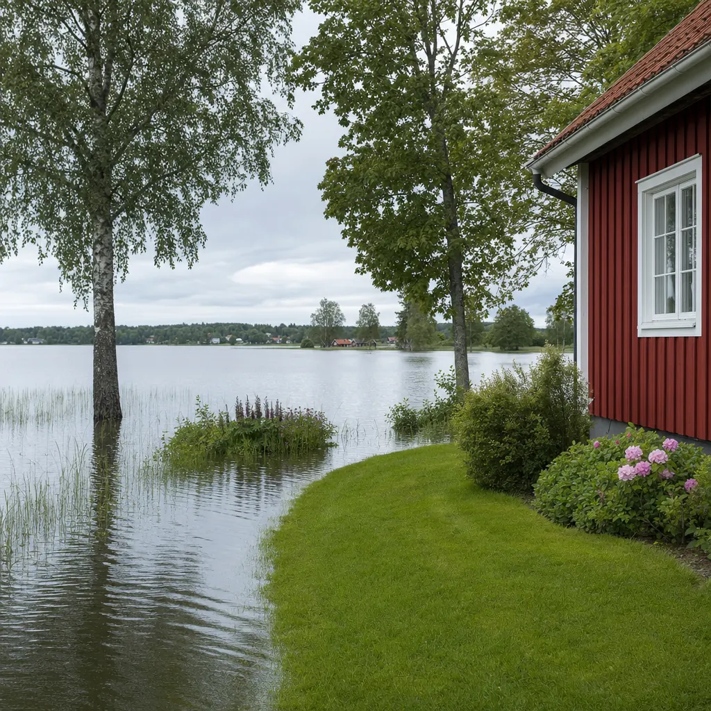 Svensk villa med vatten på tomten efter skyfall — exempel på översvämning som omfattas av villaförsäkring