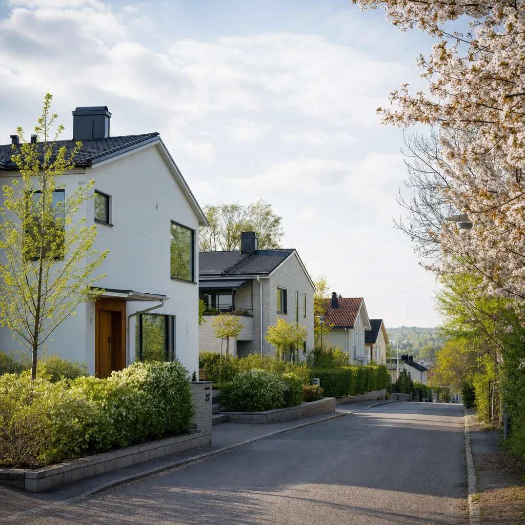 Villaområde i Stockholms län med moderna hus och larm — exempel på storstadszon med förhöjd inbrottsfrekvens